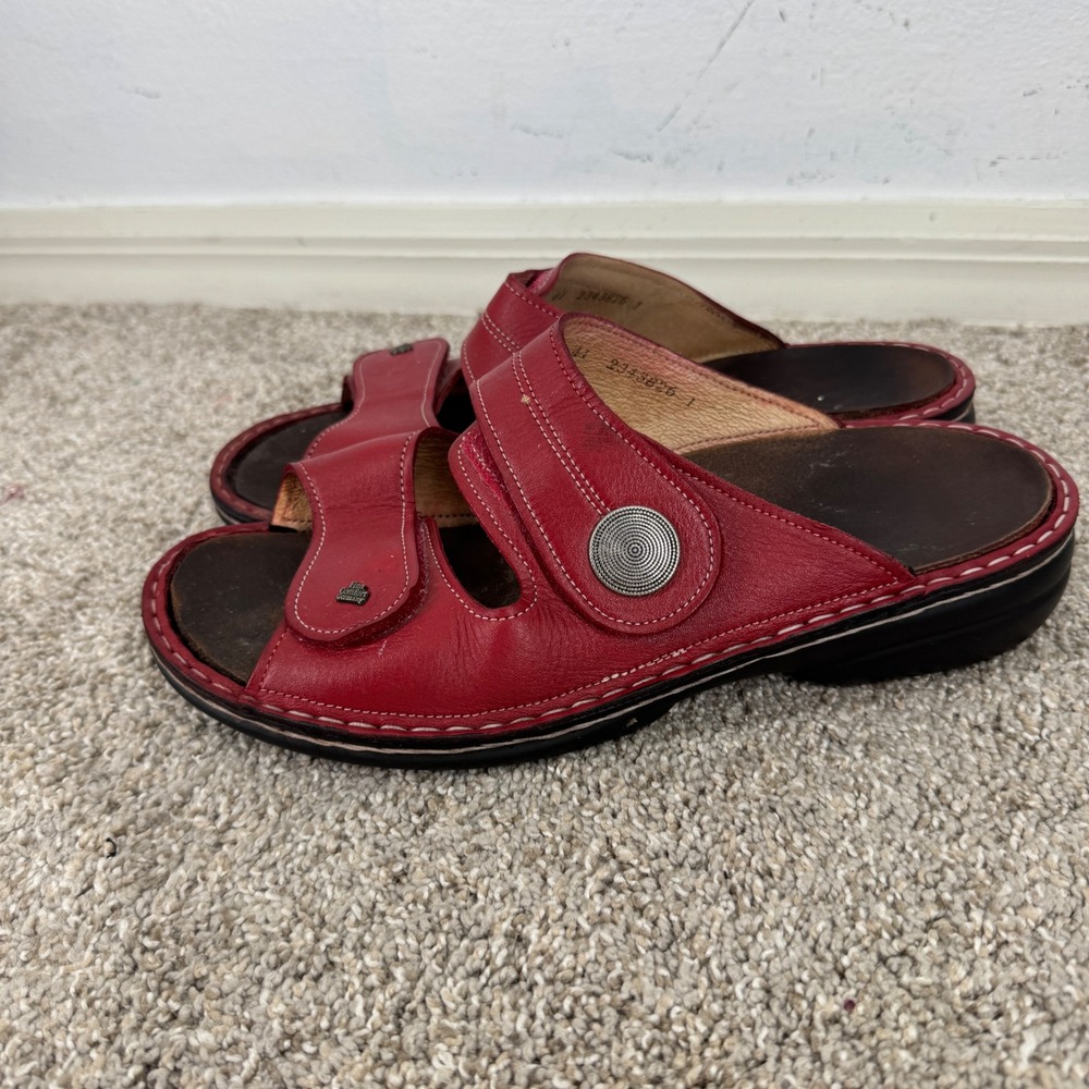 Finn Comfort Red Leather Slide Sandals Adjustable Straps Women 41 Orthopedic